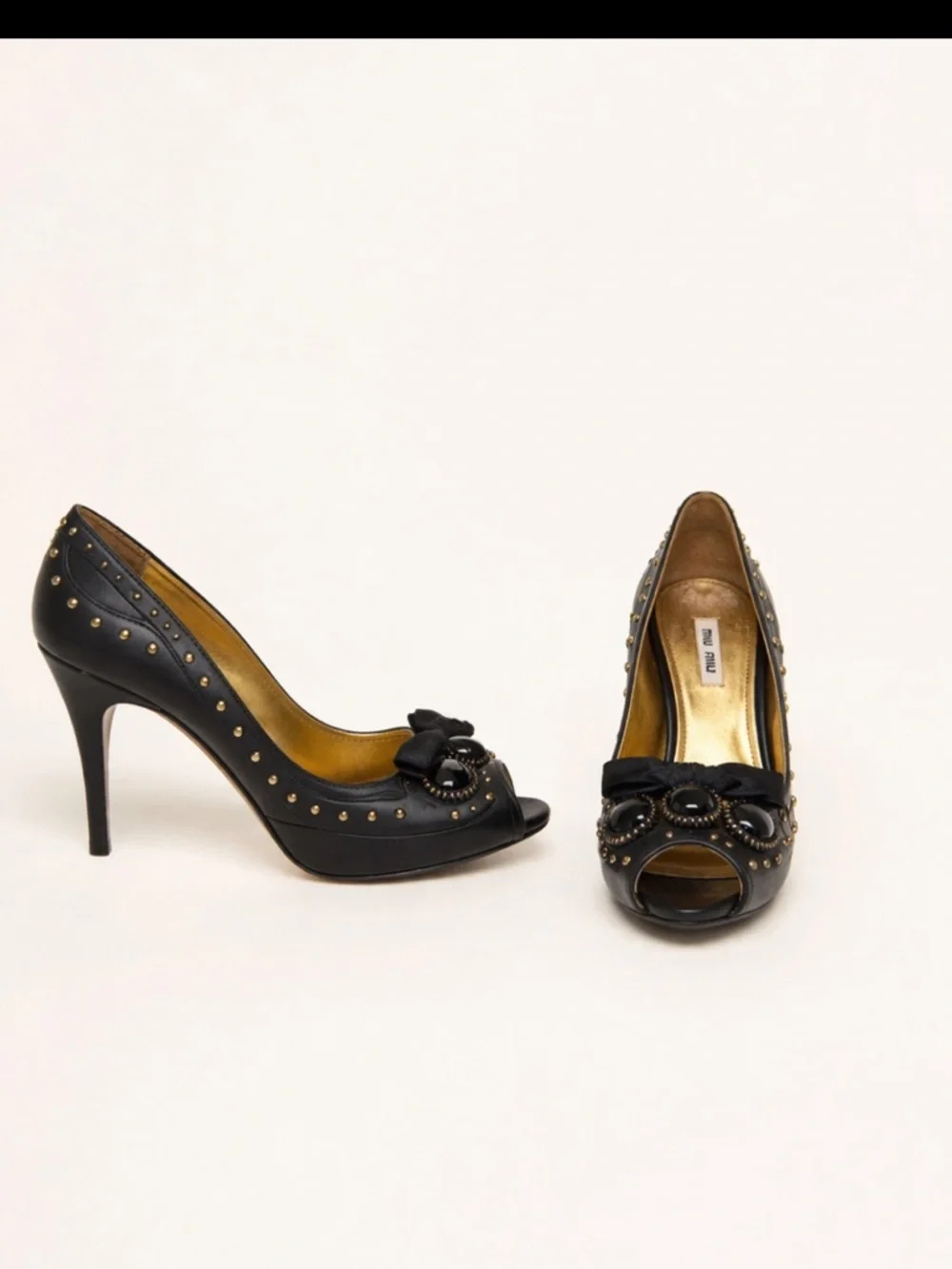Miu Miu Leather studded peeptoe pumps cabochon & bows size 35